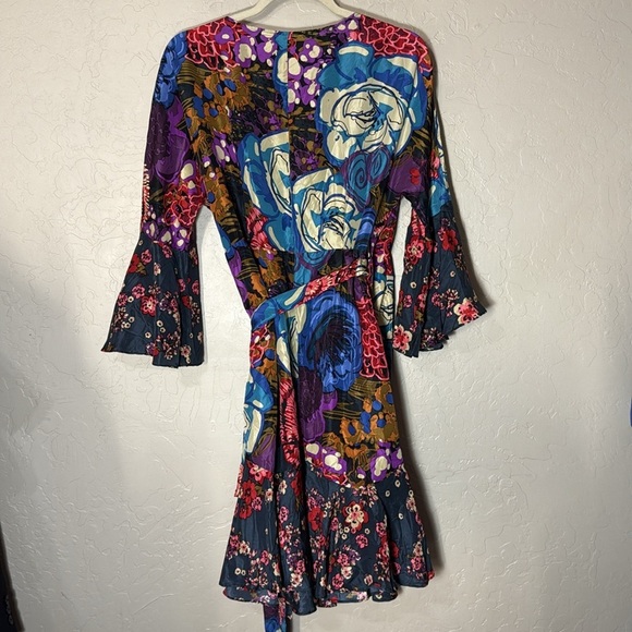 Johny Was patchwork floral print 3/4 bell sleeve true wrap dress tulip skirt - Picture 8 of 10